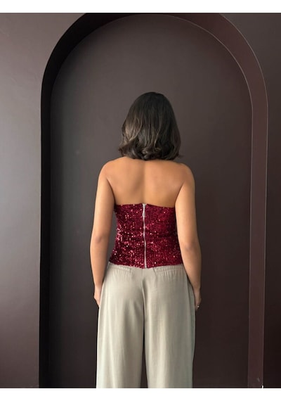 Topshow Straplez Bluz Yılbaşı Bordo