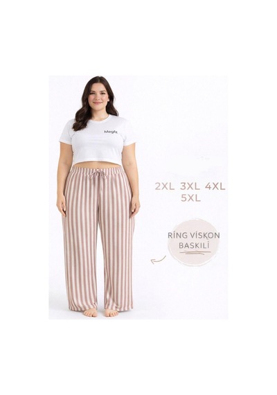 Viskon Pamuklu Kadın Büyük Beden Gül Kurusu Çizgili Pijama Pantolon - Mgb003 - Mudanis