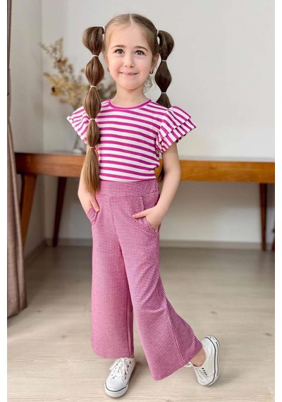 Riccotarz Kız Çocuk Yatay Çizgiler Kolsuz Omuzları Fırfırlı Bluz Pötikare Kumaş Pantolon Pembe Alt Üst Takım Pembe Riccotarz Kız Çocuk Yatay Çizgiler Kolsuz Omuzları Fırfırlı Bluz Pötikare Kumaş Pantolon Pembe Alt Üst Takım Pembe