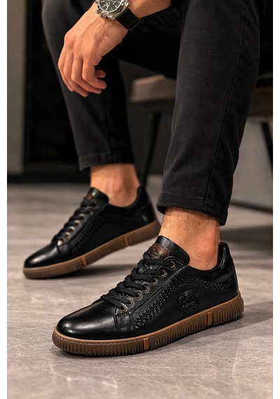 Hakiki Deri Ayakkabı Erkek Sneaker Konforlu Kaymaz Silikon Taban Siyah Siyah