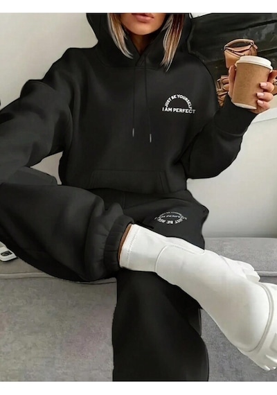 Siyah Perfect Baskılı Kapüşonlu Sweatshirt Ve Eşofman Altı Eşofman Takımı Siyah