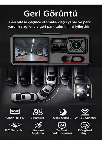 Araç İçi Kamera 4k 30fps Dvr 3 Kameralı Lcd Ekranlı Gece Görüşlü Araba Kamerası