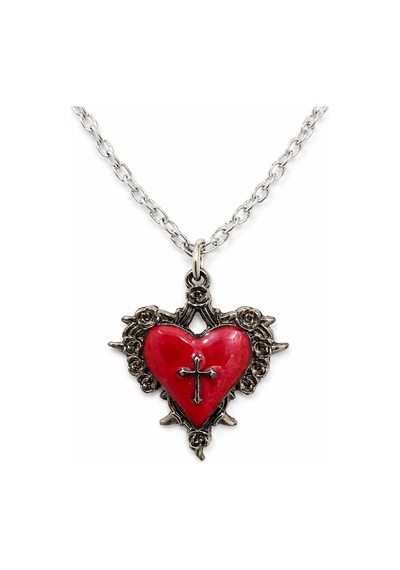 Kırmızı Kalp Ve Haç Detaylı Gotik Kolye Unisex Metal Zincir Çok renkli