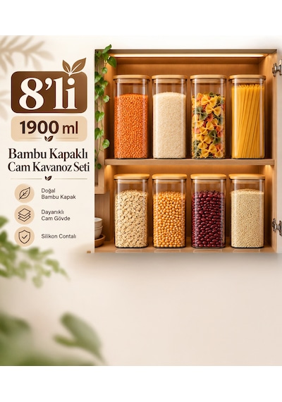 Porsima 7-4 Bambu Vakumlu Kapaklı Kare Borsilikat Cam 8li Kavanoz Seti Saklama Kabı 1900ml 9,5x27cm