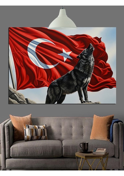 Türk Bayrağı Kurt Figürü Dekoratif Kanvas - Mdf Ahşap Tablo
