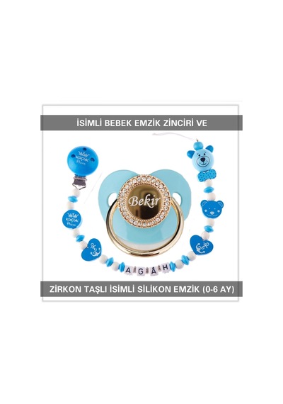 Sahi Aksesuar İsimli Bebek Emzik Zinciri ve İsimli Bebek Silikon Emzik BEZYI259 Mavi
