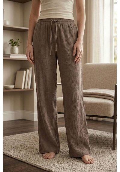 Mataş Kadın Büyük Beden Bürümcük Kumaş Pijama Altı Battal Boy Rahat Kesim Kahverengi