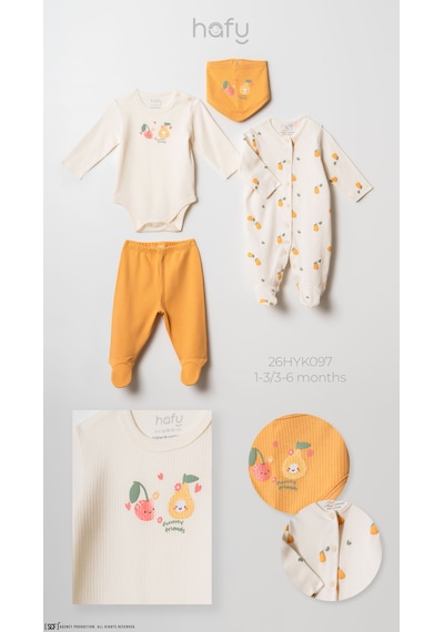 Hafy Baby 4 Parça, Meyve Desenli, Yenidoğan Kız Bebek Hastane Çıkışı Seti Ekru