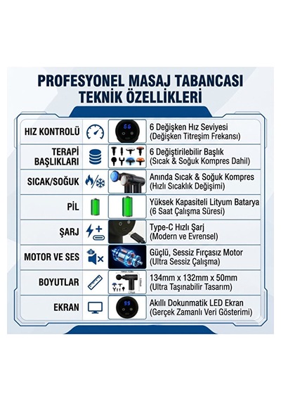 Sıcak & Soğuk Kompresli Masaj Tabancası 6 Başlıklı Akıllı Led Ekranlı Şarjlı Masaj Aleti