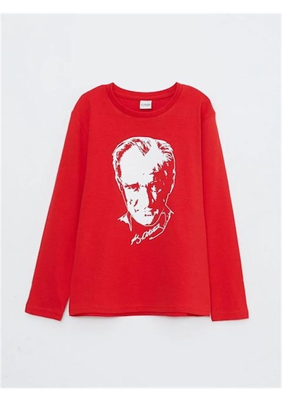 Unisex Atatürk Baskılı Uzun Kol T-shirt-8910 Kirmizi