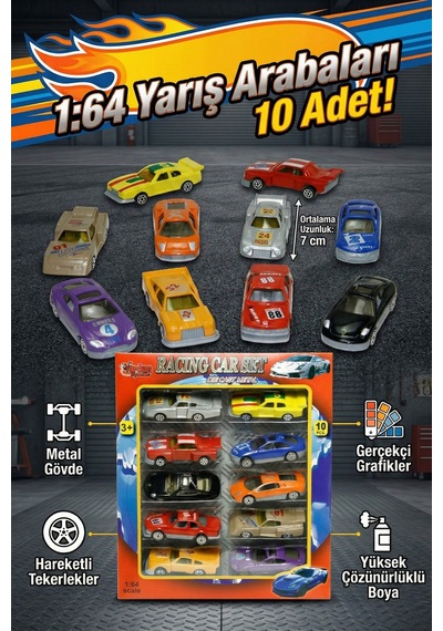 Vardem 10'lu Metal Model Araba Seti 1:64 Ölçek Die-cast Yarış Arabaları - 7 Cm Çok Renkli