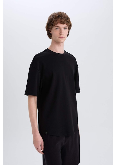DeFacto Boxy Fit Bisiklet Yaka Kısa Kollu Basic Düz Waffle Siyah Tişört B4443AX24AUBK81