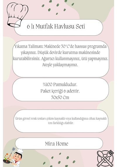6'lı Mutfak Havlusu Seti 30x50 Cm %100 Pamuklu Derya Çok Renkli