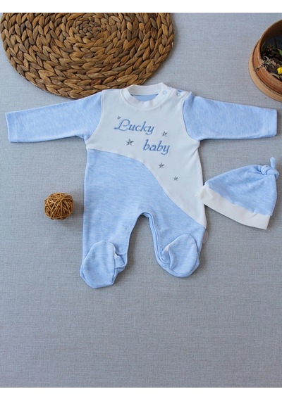 Veraura Lifestyle 0-3 3-6 Ay Lucky Baby Nakışlı Es Çizgi Boy Şapkalı Erkek Bebek Tulumu Mavi
