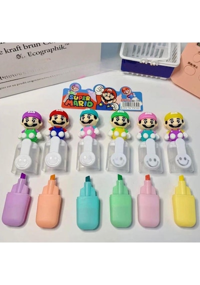 Süper Mario Karakter 6lı Fosforlu Kalem Seti 6689 Pastel Ultramarin