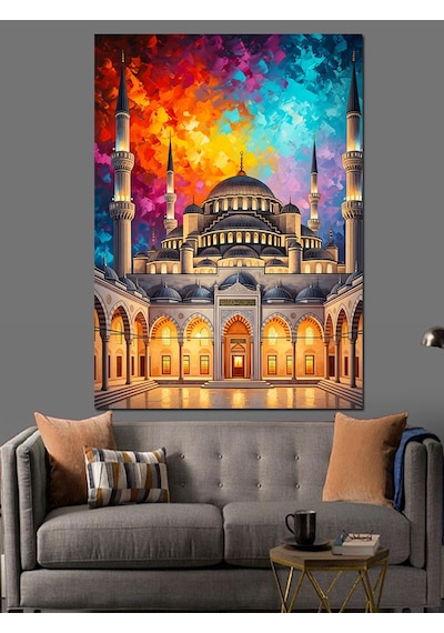 Ahşap Tablo Renkli Gökyüzü Altında Görkemli Cami İnsan Figürlü Tablolar