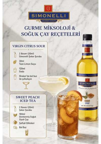 Simonelli Şeker Sade Şurup Simple Syrup Aromalı Kahve ve Kokteyl Şurubu 700 ML + Pompa