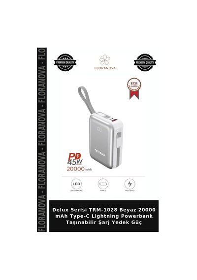 Delux Serisi Trm-1028 Beyaz 20000 Mah Type-c Lightning Powerbank Taşınabilir Şarj Yedek Güç Çok Renkli