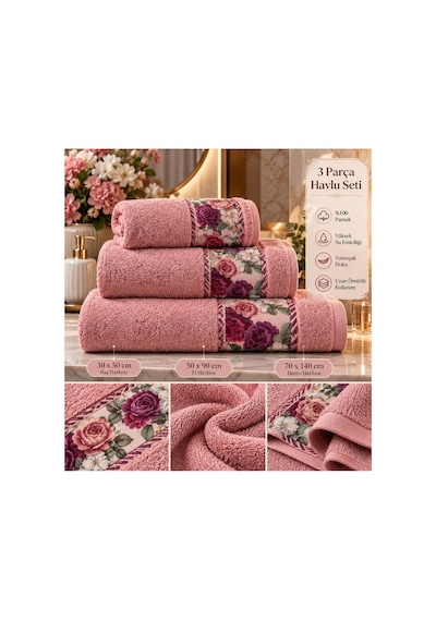 Slc Home 3lü Banyo Havlu Seti / Nakışlı Hamam Seti %100 Pamuk 3 Farklı Boy Pembe - 939964782 Pembe