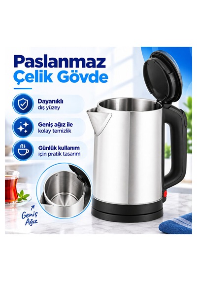 1.8 L Paslanmaz Çelik Elektrikli Su Isıtıcı Kettle 360 Döner Tabanlı Otomatik Kapanmalı Susuz Çalışma Korumalı