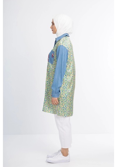 Pureva Taş İşlemeli Tencel Ve Desen Kumaşlı Tunik - Desen - 3 Çok Renkli