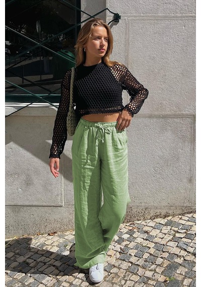 Madmext Yeşil Beli Büzgülü Wide Leg Kumaş Pantolon Mg1950-yeşil Yeşil