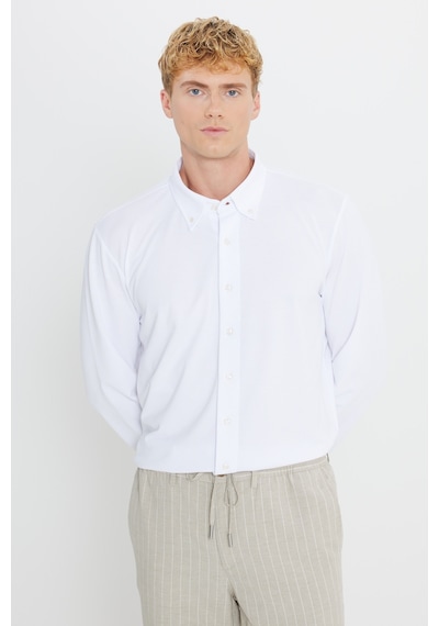 AC&Co / Altınyıldız Classics Erkek Beyaz Pamuklu Tailored Slim Fit Dar Kesim Düğmeli Yaka Örme Gömlek Beyaz