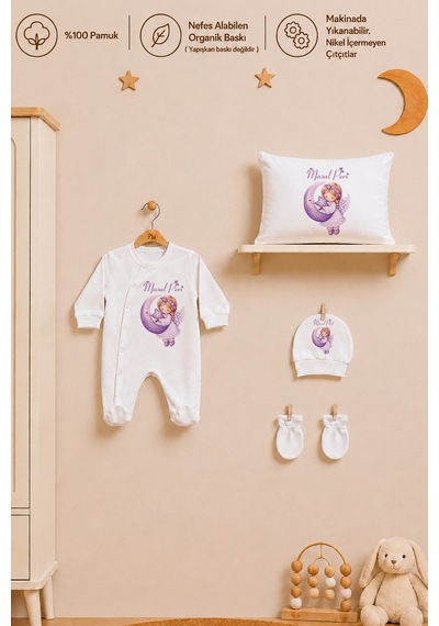 Pia Baby İsme Özel %100 Pamuk Kız Bebek Yastık Battaniyeli Tulum Set Kese Hediyeli 1082tybk3x Krem