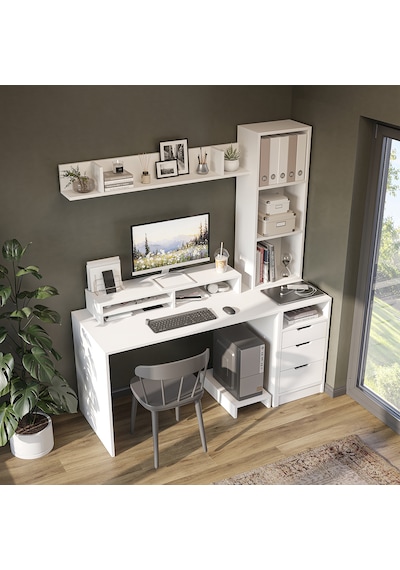 Mode Kitaplıklı Ve Raflı Çalışma Masası , Çalışma Ofis Masası , Bilgisayar Masası, Çekmeceli Çalışma Masası Mat Beyaz