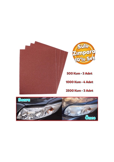 Araç Otomotiv Far Temizle Parlatma İnce Kalın Kum Su Zımpara Kağıt Set 500-1000-2500 Kum 10 Adet