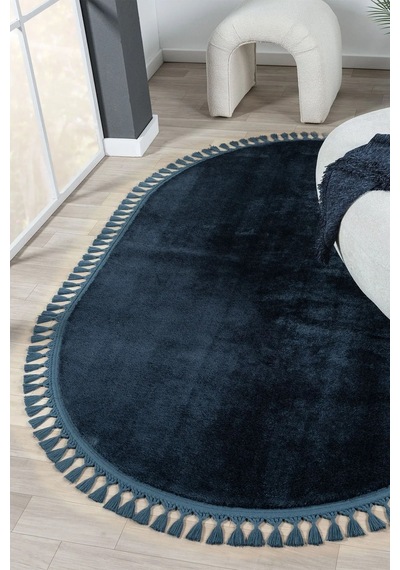 Puffy Gri Oval Örgü Saçaklı Peluş Yumuşacık Yıkanabilir Kaymaz Taban Halı Salon Oturma Odası Antrasit