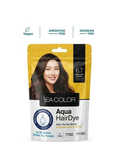 Sea Color Aqua Hair Dye Vegan & Amonyaksız Su İle Aktive Edilen Kalıcı Saç Boyası Toz 6.7 Çikolata Kahve