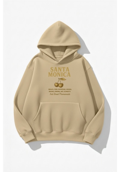 Uyguntarz Unisex Yumuşak Dokulu Santa Monica Baskılı Tasarım Oversize 3 İplik Hoodie Sweatshirt Bej