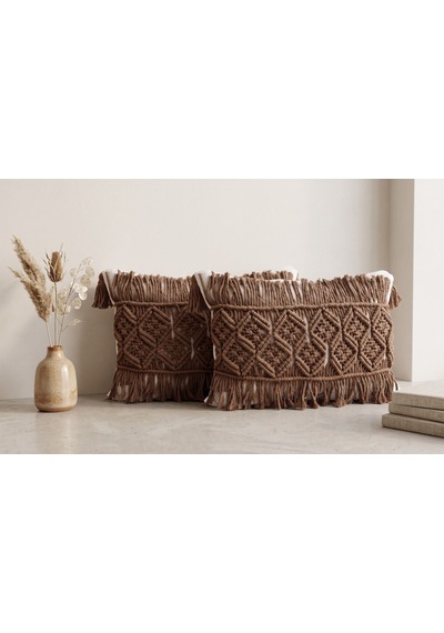 Sonbahar Esintisi: Kahverengi Makrome Lumbar Kırlent Kılıfı - Ekru Kılıflı 35x50 Cm Diğer