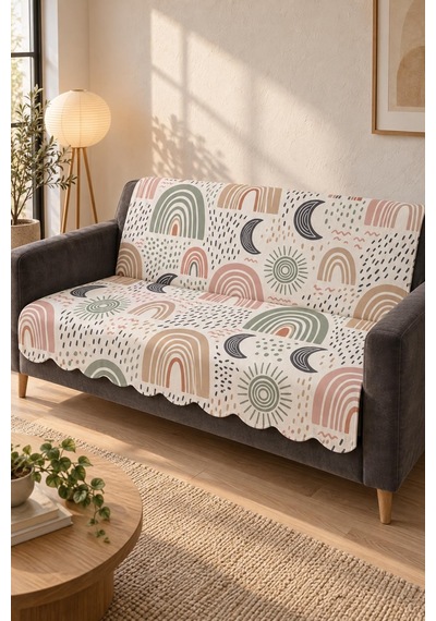 Çok Amaçlı Kadife Koltuk Örtüsü Kaymaz Süngerli 165x215 Cm Modern Bohem Çekyat Şalı Piknik Masa Örtüsü Alk15 Bej