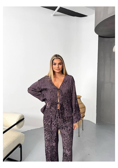 Kechi Woman Leopar Desenli Bağlamalı Saten Takım Kahverengi