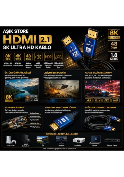 Hdmı 2.1 Kablo 1.8 Metre 8k Ultra Hd 48gbps Earc Hdr Vrr 4k 120hz Altın Uçlu Ps5 Xbox Series X Yüksek Hızlı Hdmı Kablo