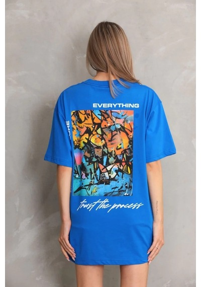 Kadın Bisiklet Yaka Baskılı Oversize T-shirt - Mavi Mavi
