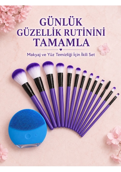 12 Parça Makyaj Fırçası Ve Silikon Yüz Temizleyici Cihaz İkili Güzellik Ve Kişisel Bakım Seti - Lisinya