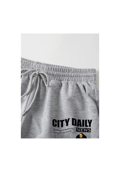 Tarzsokak Slogan Graphic Drawstring Waist Track Şort Gri