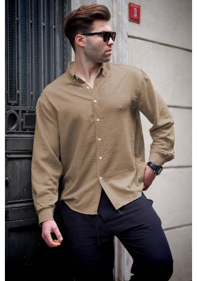 Madmext Camel Uzun Kollu Oversize Erkek Gömlek 6735 Camel