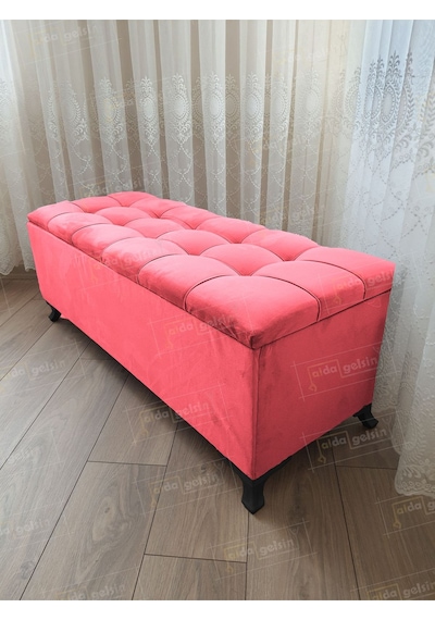 Lüks Çizgi Kapitoneli Sandıklı Puf Bench 120 Cm Siyah Ayak Pembe