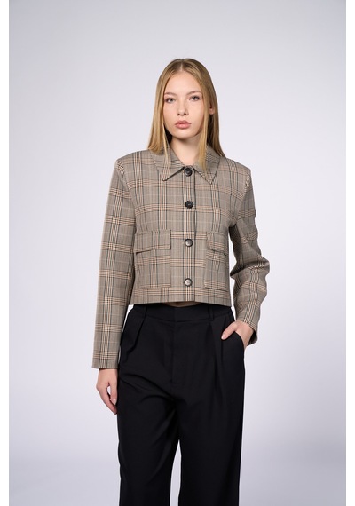 Thalure Kadın Kahverengi Ekoseli Crop Blazer Kahverengi