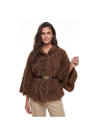 Onloox Kadın Kahverengi Kahverengi Yumuşak Dokulu Polyester Kumaş Belden Kemer Detaylı Peluş Panço