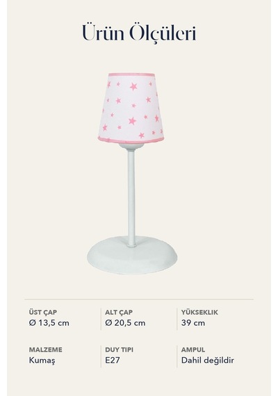 Bebek Çocuk Odası Konik Kumaş Abajur Masa Lambası 13,5  cm Beyaz Pembe Yıldız