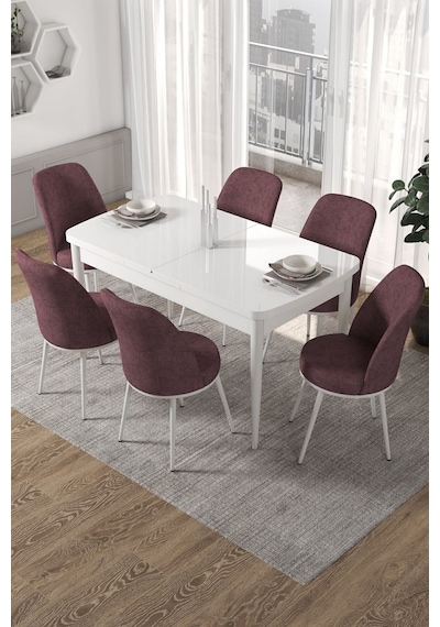 Canisa Concept Kor Serisi 70x114 Açılabilir Mutfak Masası Takımı Beyaz Masa 6 Gül Kurusu Sandalye Masa Beyaz Sandalyeler Gülkurusu