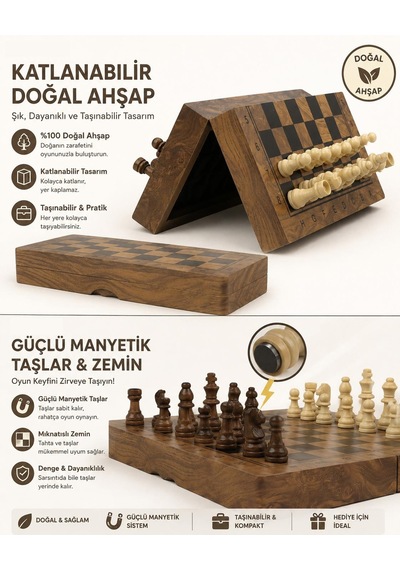 Lüks Doğal Ahşap Manyetik Satranç Takımı 25x25 Cm Katlanabilir Özel Yuvalı Premium Satranç Seti