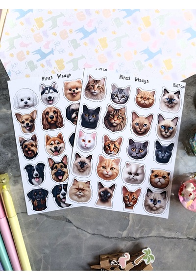Tatlı Kedi Köpek Kafaları Sevimli Sticker Etiket Çıkartma 2 Sayfa