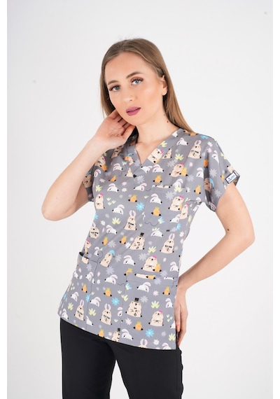 Unisex Snack Time Desenli Doktor Hemşire Hastane Aşçı Mutfak Scrubs Tek Üst Üniforma Gri
