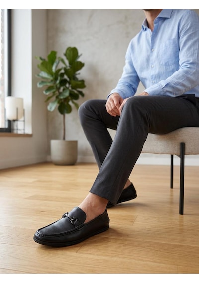 Komcero 6y3546-189 Erkek Hakiki Deri Tokalı Comfort Loafer Ayakkabı Siyah